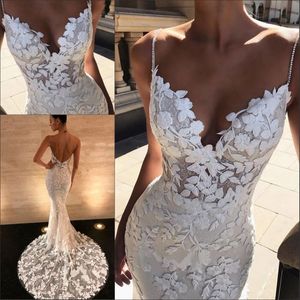 Beaded Pearls Spaghetti Strap Lace Wedding Dresses Gorgeous 3D-Floral Appliques Boho Bridal Gowns Zipper Low Back Trumpet Wedding Dress
