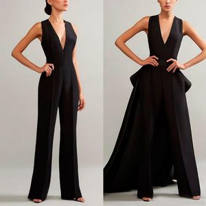 Plus Size Black Jumpsuit Evening Dresses With Detachable Skirt V Neck Prom Dresses Women Formal Party Gowns