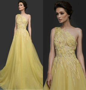 Gul a-line afton klänningar elegant en-axel ärmlös lång formell fest gown appliqued pärlstav lace sweep train prom klär billigt