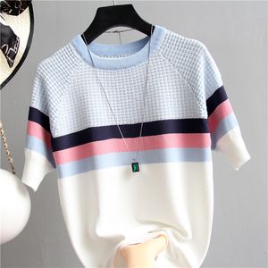 2020 Sommarslitage Ny koreansk version av tusentals fåglar Kontrollera färg Is Silk Sweater Pullover Trim Stitching Färg T-shirt Kort ärm