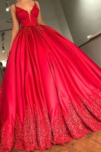 Hot Pink Robe de Soiree Ball Gown Evening Klänningar Lång 2020 Spaghetti Straps V Neck Applique Lace Up Back Abiye Prom Party Gown Dubai