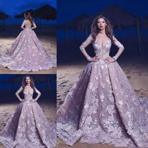 2019 Light Purple Ball Gown Prom Dresses Sexy Backless Sweep Train Lace Appliques Evening Dresses Formal Party Long Gowns