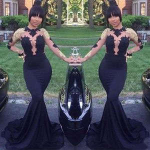 Plus Size Sexy Gold Black Long Sleeve Lace Prom Party Dresses Jewel Mermaid Floor Length Formal African Women Evening Gowns SD3342