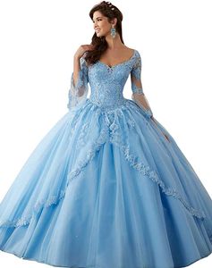 Setwell Sweetheart Ball Gown Quinceanera Dresses 3/4 Sleeves Sexy Backless Beaded Sweet 16 Tiered Tulle Lace Appliques Prom Gowns