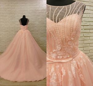 Luxury Beading Sequin Pink Wedding Dresses 2019 Sheer Cap Sleeve Bateau Open Back Lace-up Bow Ribbon Wedding Gowns Bridal Dress Train