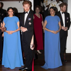 Meghan Markle Blue Mermaid Evening Dresses with Cape Jewel Neck Short Sleeve Satin Formal Dress Sweep Train Celebrity Gowns
