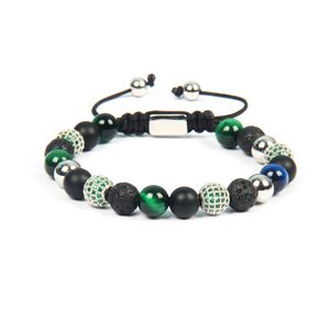 New Macrame Bracelets Men Atacado 8 milímetros Natural Tiger Eye pedra de aço inoxidável Beads Jóias verde e preto Cz cobre pulseira bola