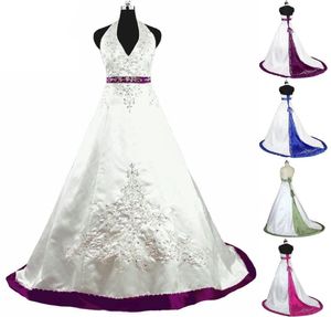 2019 Modern broderi pärlstav satin bröllopsklänningar Billiga halter V-nacke Corset Back Lace Up Bridal Gowns Country Wedding Vestido de Novia