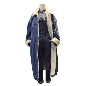 grossistemän kvinnor lång denim trench jacka high street mode hip hop vinter tjock kashmir jean trench coat windbreaker manlig överrock