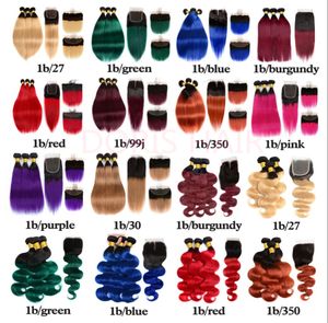 Pre-colored remy human Hair 3 Bundles with Closure 1b/27 T1B/99J Body Wave Hair Weaves 13x4 frontal closure T1B/30 T1B/BUG