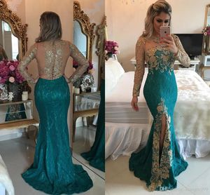 Setwell Mermaid Långärmade kvällsklänningar Sparkly Rhinestones Beaded Lace Applique Split Evening Gowns Backless Prom Dress
