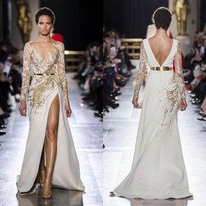 Abiti da sera a sirena con spacco Elie Saab con perline con paillettes Abiti da ballo con applicazioni di pizzo Abito da festa a maniche lunghe con strascico