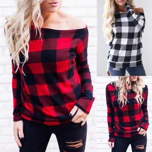 Damen-Kleidung, Slash-Ausschnitt, Gitter-T-Shirt, schulterfrei, langärmelig, geneigte Schulter-Tops, Frühlingsherbst, Damen-Umstands-Plaid-T-Shirts