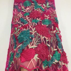 5 Yards/Stück Wunderschöner fuchsiafarbener und grüner Blumen-Französischer Spitzenstoff mit Strasssteinen, afrikanischer Mesh-Spitzenstoff für Kleid CF21-2