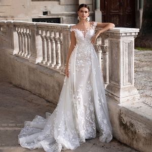 Dresses Romantic Mermaid With Detachable Train Short Sleeves Appliques Wedding Gowns Vestido Noiva Overskirt Robe De Mariee