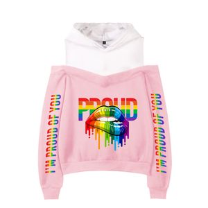 Pride LGBT Women Hoodie Sweatshirt Gay Love Lesbian Rainbow Lip Print Sexy Off Shoulder Pullover Hooded Jacker Casual Tracksuit