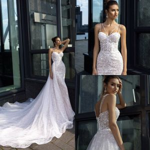 Gorgeous Mermaid Wedding Dresses With Removeable Skirt Spaghetti Lace Beads Appliqued Beach Bridal Gowns Crystal Design Boho Wedding Dress