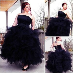 빈티지 고딕 공 가운 블랙 웨딩 드레스 코르셋 Strapless 스커트 발목 길이 셀틱 플러스 크기 신부 가운 레이스 짧은 드레스