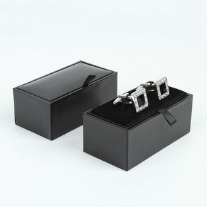 Boîtes de bijoux en gros en cuir noir Mens boutons de manchette de luxe Boîte de rangement cadeau boîtier personnalisé logo chemise Boîte à manchette