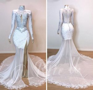 Sexy Split Side Evening Dresses High Neck Lace Appliques Hollow Out Long Sleeves Mermaid Prom Dress Long See Through Cocktail Party Gowns