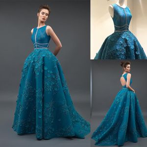 Gorgeous A Line Evening Dresses Jewel Sleeveless Appliqued Hand Made Flower Lace Beaded Sequins Prom Dress Backless Formal Occasion Gowns