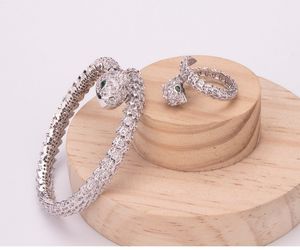 Venda quente Conjuntos de Conjuntos de Jóias de Moda Senhora de Bronze Completo Diamante Olhos Verdes Serpente 18 K Casamento Noivado de Ouro Pulseiras Abertas Conjuntos de Anéis (1 Sets)
