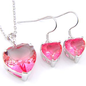 Luckyshine Wedding Jewelry Sets 925 Silver Bi Colored Tourmaline Heart Cyrkon Moda Kolczyk Naszyjnik Wisiorki Zestawy Biżuterii Dla Kobiet