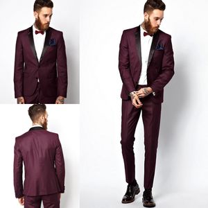 Classy Burgundy Wedding Mens Suits Slim Fit Bridegroom Tuxedos For Men Two Pieces Groomsmen Suit Cheap Formal Business Jackets With Bow-Tie