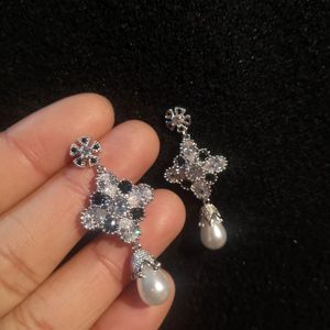 Fashion- Water Drops Pearl Zirconia Flower Earrings S925 Sterling Silver Neddle Luxury Drop Earrings For Women Jewelry