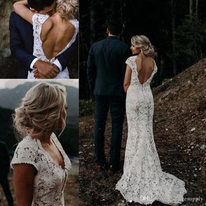 Stil Ülke Tam Boho Vintage Dantel Denizkızı Gelinlikler V Boyun Plajı Gelin Gowns Vestidos De Novia Low Sırt Elbise Estidos Estidos Estidos