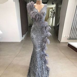 Wholesale turkey prom dresses for sale - Group buy Elegant Gray Lace Mermaid Prom Dress Long V Neck Feathers Formal Evening Dresses Turkey Robe de soiree Women Party Gown