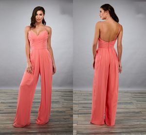 2020 Coral Pleats Draped Jumpsuit Prom Bridesmaid Dresses Spaghetti V-neck Open Back Chiffon Evening Pant Suit Dress Party Wedding Guests