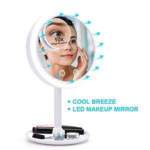 LED Makeup Mirror with LED Light Vanity Mirror 10X Magnifying Mirror with Fan 180 Rotation Table LED Light Tools