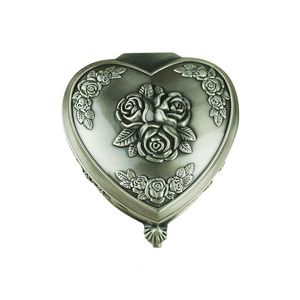 Portagioie a forma di cuore con decori a forma di rosa, argento antico, metallo, amore, custodia per gioielli, per orecchini, anelli del tesoro, regali di nozze vintage