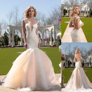 Naama Anat Champagne Mermaid Wedding Dresses Deep V Neck Illusion Back Appliques Beads Lace Sweep Train Wedding Dress Bridal Gowns
