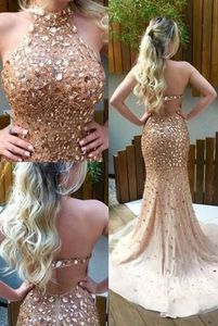 Lüks Kristal Boncuklu Mermaid Gelinlik Modelleri Uzun Yüksek Boyun Aç Geri Rhinestone Abiye giyim Pageant Elbise Kadınlar Pahalı Parti Örgün