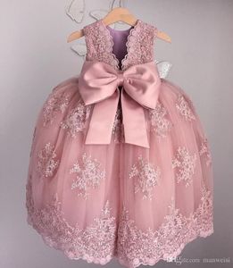 Pizzo vintage appliqued fiore ragazze abiti per matrimoni morbido rosa in rilievo piccoli abiti da ballo bambino gonne gonne abito spettacolo communion