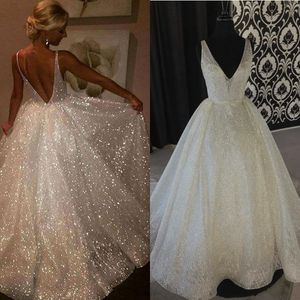 Abiti da sposa di lusso A Line 2020 Nuovo design scollo a V gonna svasata tessuto pailettes brillante brillante abiti da noiva