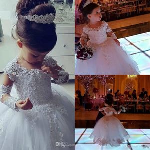 Söt nya billiga blommaflickor klänningar bröllop juvel hals spetsar applikationer pärlor långa ärmar prinsessa födelsedag barn flicka tävling klänningar