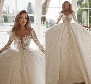 2020 Luxury Ball Gown Weeding Dresses Sexy Sheer V Neck Sparkly Sequins Bridal Gowns Plus Size Backless Sweep Train Bröllopsklänning