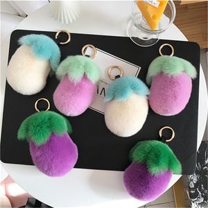 Cute Real Genuine Rabbit Rex Fur Eggplant Pompom Ball Bag Charm Keychain Pendant Gift