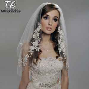 Reals Elbow Length cm Short Veil Two Layers Appliques White Ivory Wedding Veil with Pearls Beading Bridal Veil
