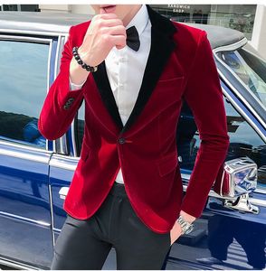 Brand New Rose Red Velvet Groom Tuxedos Black Notch Lapel Groomsman Wedding 2 Piece Suit Fashion Men Prom Jacket Blazer (Chaqueta + Pantalones + Corbata) 66