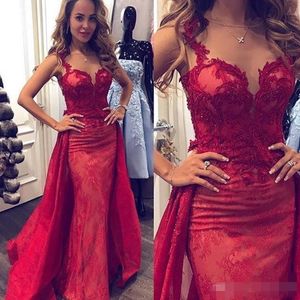 Red Designer Prom -klänningar med overskirt spetsapplikation pärlstav ren nacke sjöjungfru skräddarsydd kändis kvällsfest klänning plus storlek