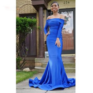 Boat Neck Long Sleeve Prom Dresses Long Off the Shoulder Mermaid Royal Blue Spandex Evening Gowns Simple Formal Dress