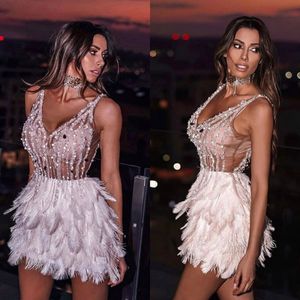 2020 Prom Dresses V neck Sequins Beaded Feather Sleeveless Short Homecoming Dress Above Knee Length Lumbar Sheath Evening Dress