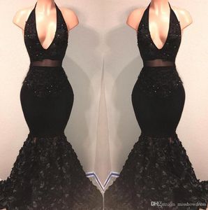 Black Sexy Halter Lace Mermaid Prom Dresses V Neck Applique Beaded 3D Floral Skirt Sweep Train Long Evening Party Gowns Robe De Mariee