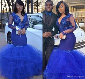 Black Girls Sexy Mermaid Prom Dresses Royal Blue Pageant Party Dresses Long Sleeve Appliques Beads V Neck Tulle Skirt Long Evening194x