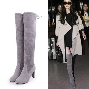 Wholesale stretch suede shoes resale online - Fashion Solid Designer Women Thigh High Boots Pointed Toe CM Knot Heels Winter Pump Shoes Three Colors Stretch Suede Lady Boot