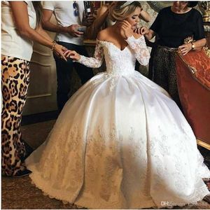 New Princess Ball Gown A Line Wedding Dresses V Neck Lace Appliques Long Sleeve Satin Bridal Gown vestidos de novia Formal Dress for Bride